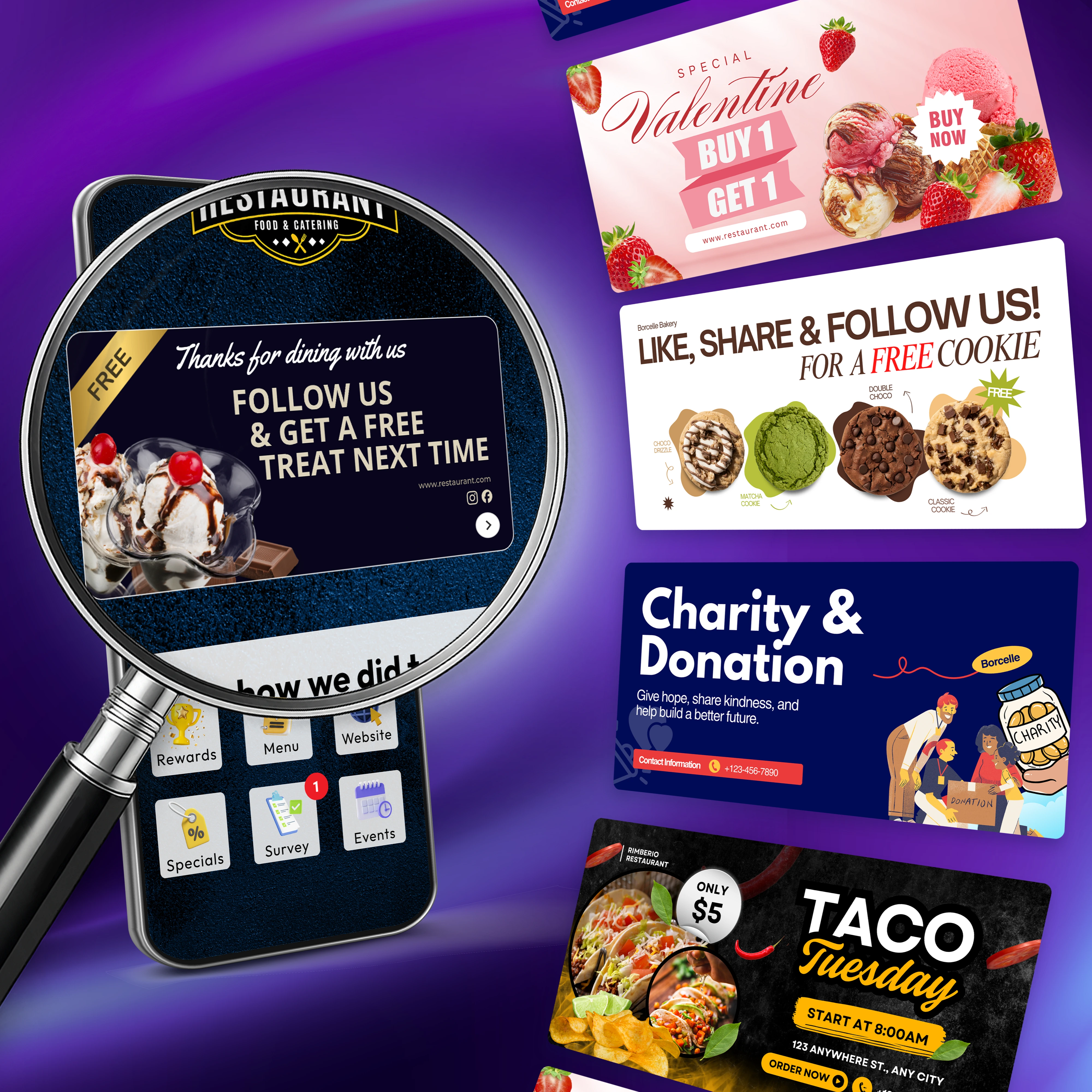 Money page promotional outcomes with offers, events, rewards, social follow prompts, and charity campaigns