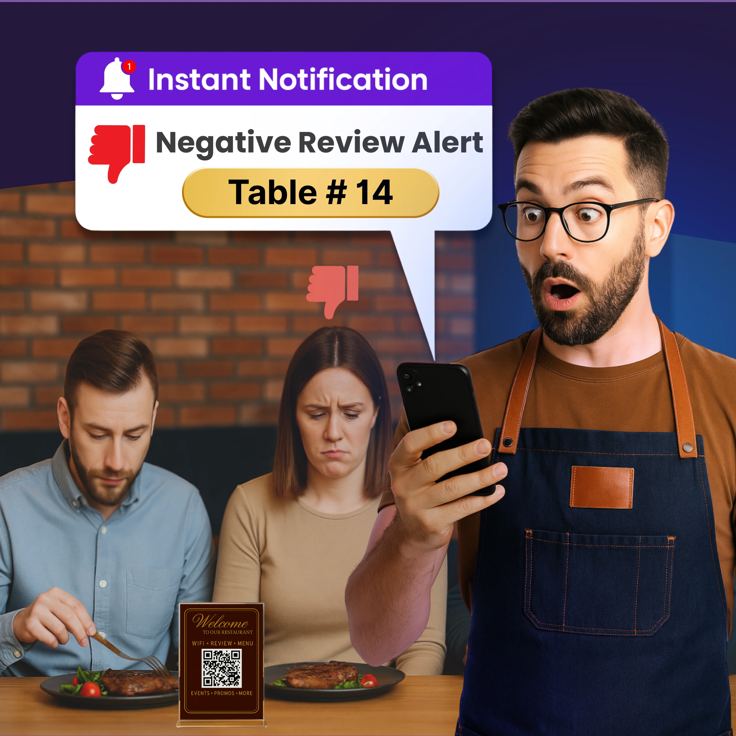 Restaurant guests with an instant notification for a negative review alert