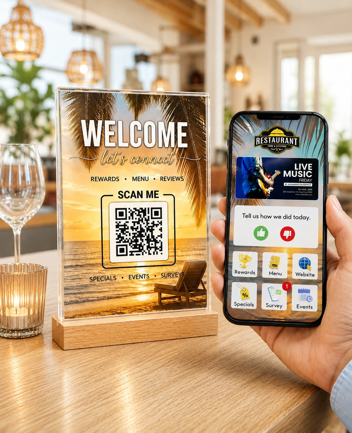 Table-top reputation and marketing agent with QR display and mobile experience